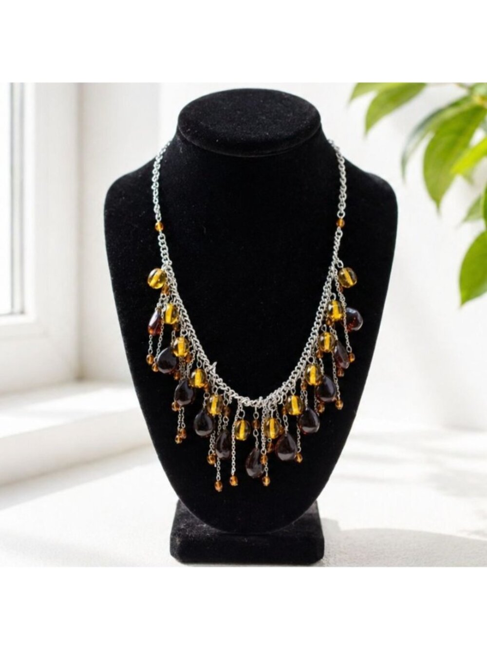 Vintage Amber Beaded Dangle Necklace With Silver-Tone Chain 30 Cm Length Adjusta